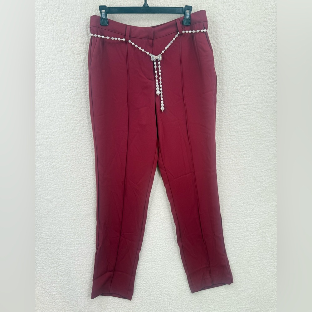 Nicole Miller Pants Trousers Faux Pearl Belt Burgundy Size 10  New